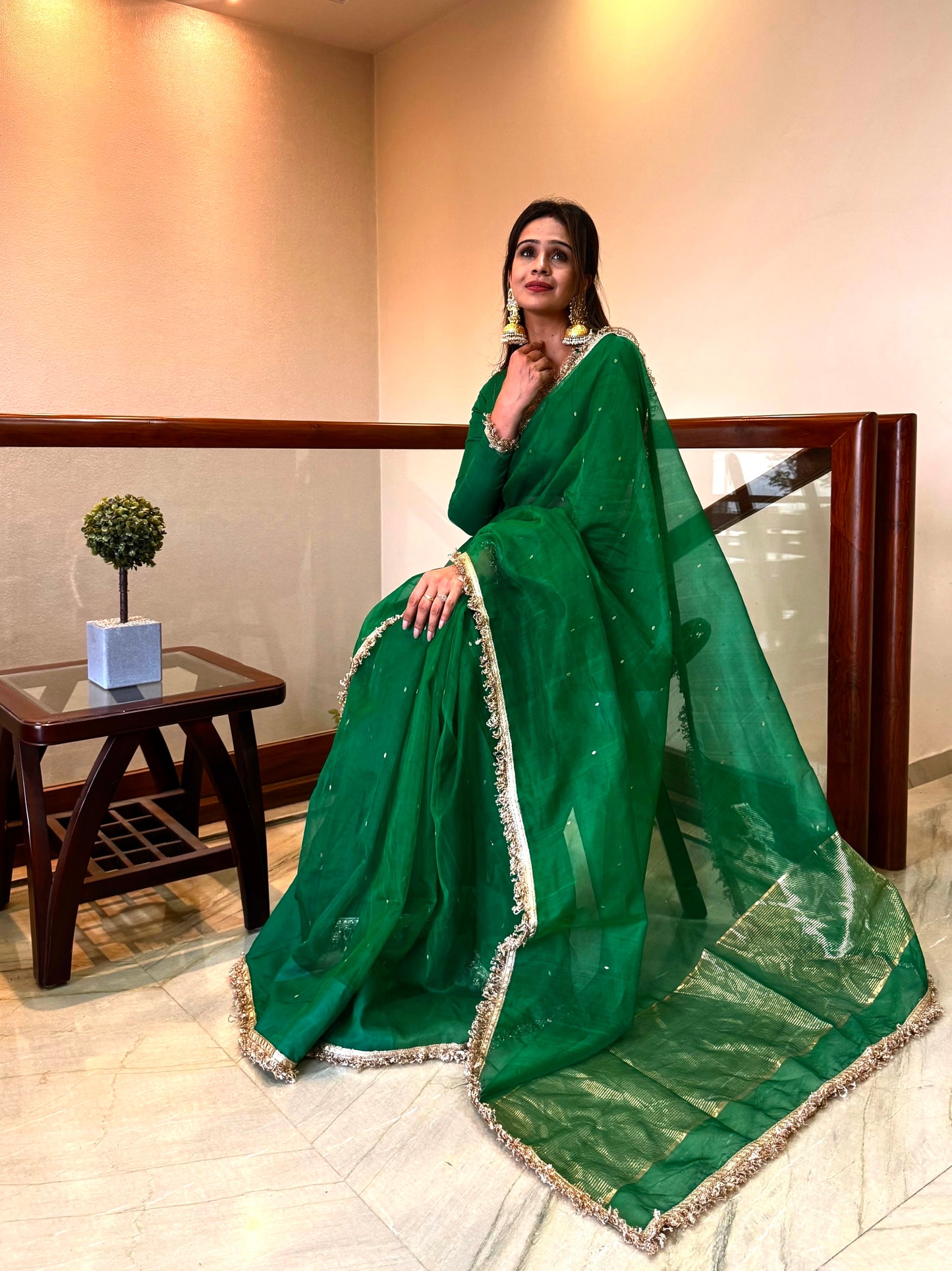 Emerald Green Chanderi silk saree with zari bootis all over