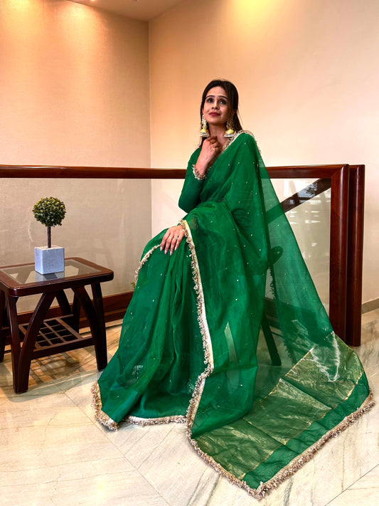 Emerald Green Chanderi silk saree with zari bootis all over