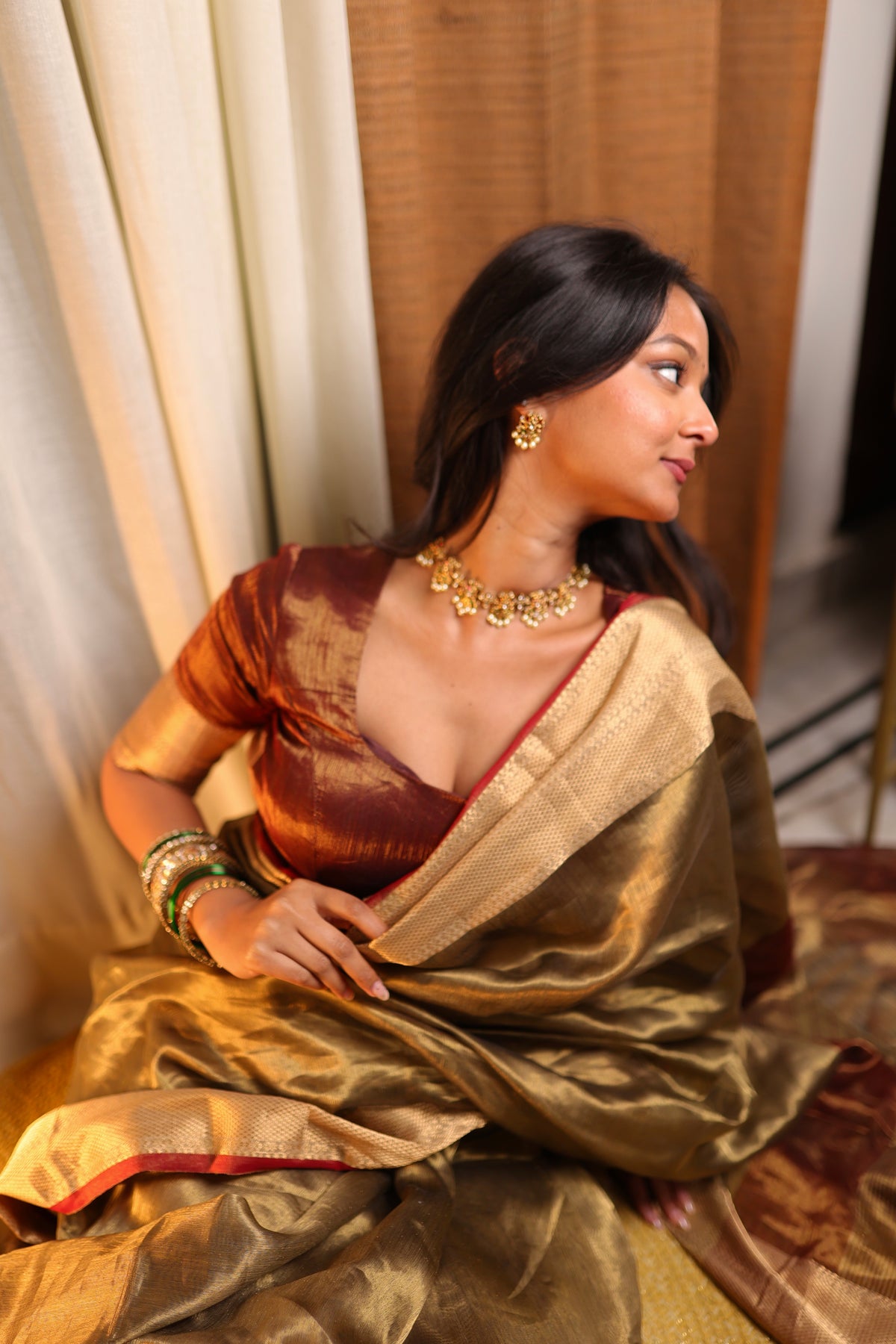 Ready to wear | Antique Gold & Red Maheshwari Tissue Silk Saree with Zari Pattern on Pallu