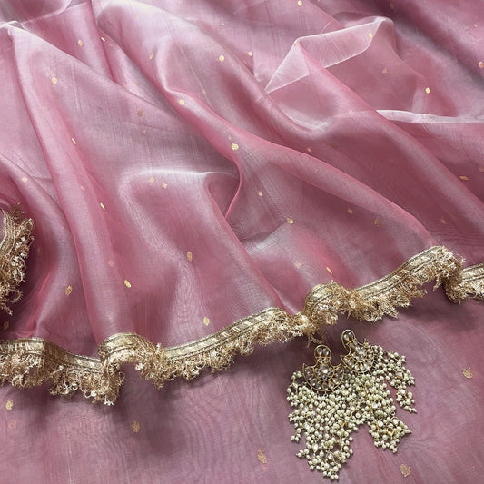 Dusty Pink Chanderi silk saree with zari bootis and zari border all over