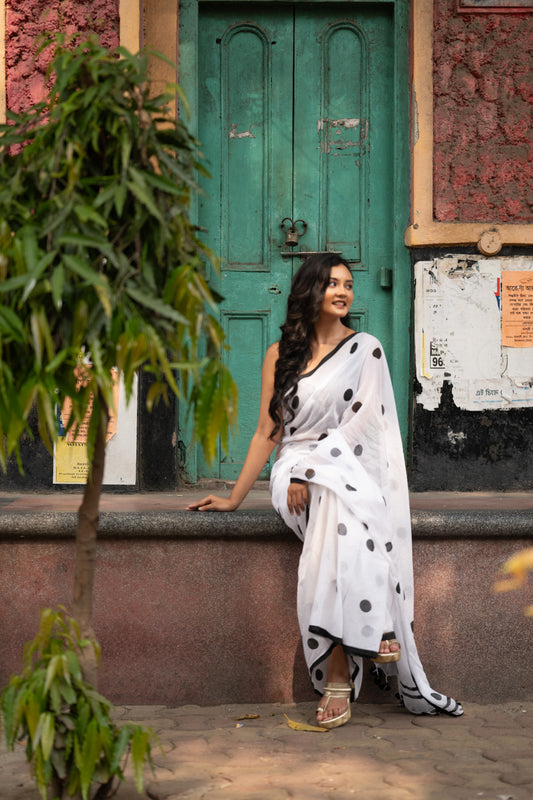 White and black polka dots mulmul saree