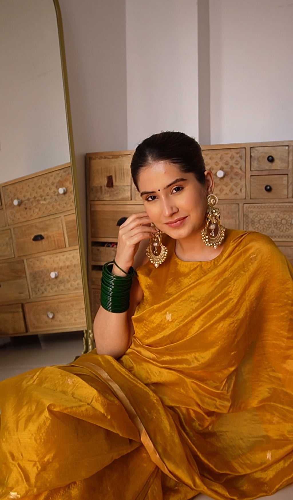 Ready to wear | Mustard Gold Chanderi Silk Saree with Flower Bootis all over