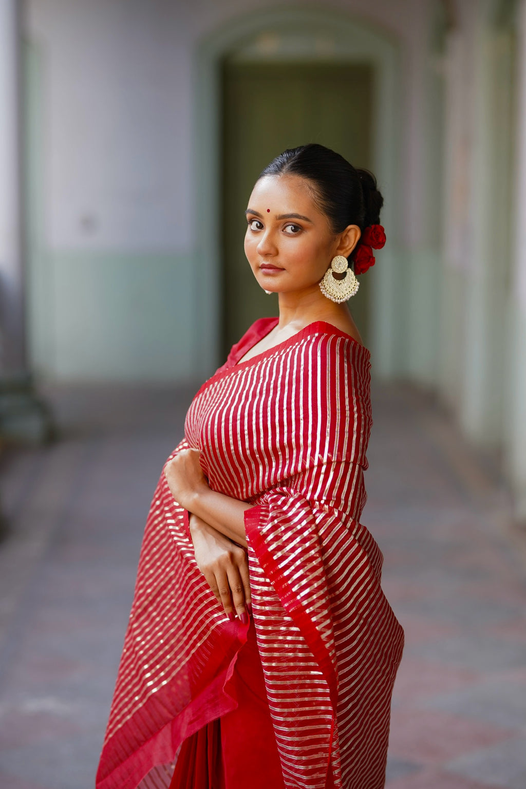 Deep red chanderi saree with intricate gota work all over