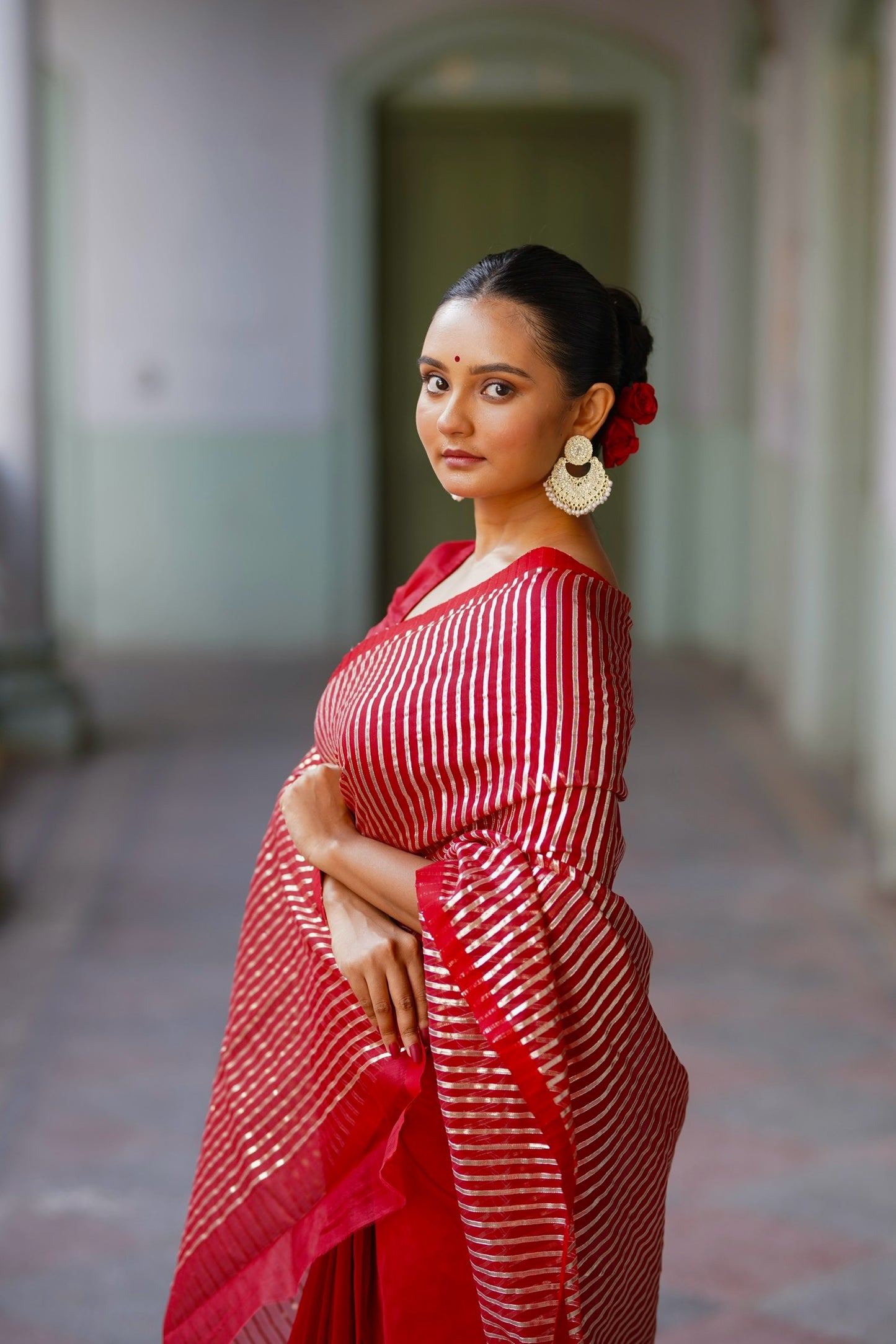 Deep red chanderi saree with intricate gota work all over