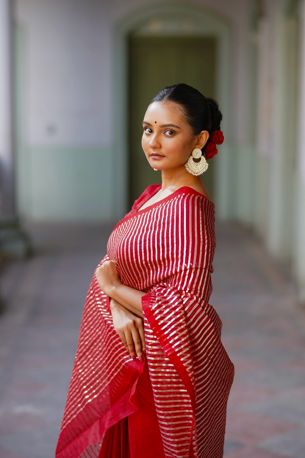 Deep red chanderi saree with intricate gota work all over