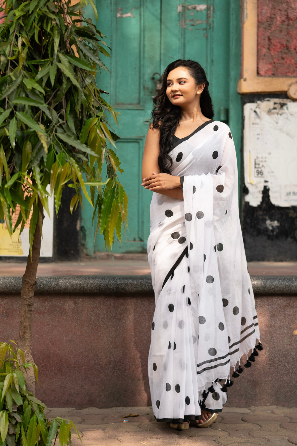 White and black polka dots mulmul saree