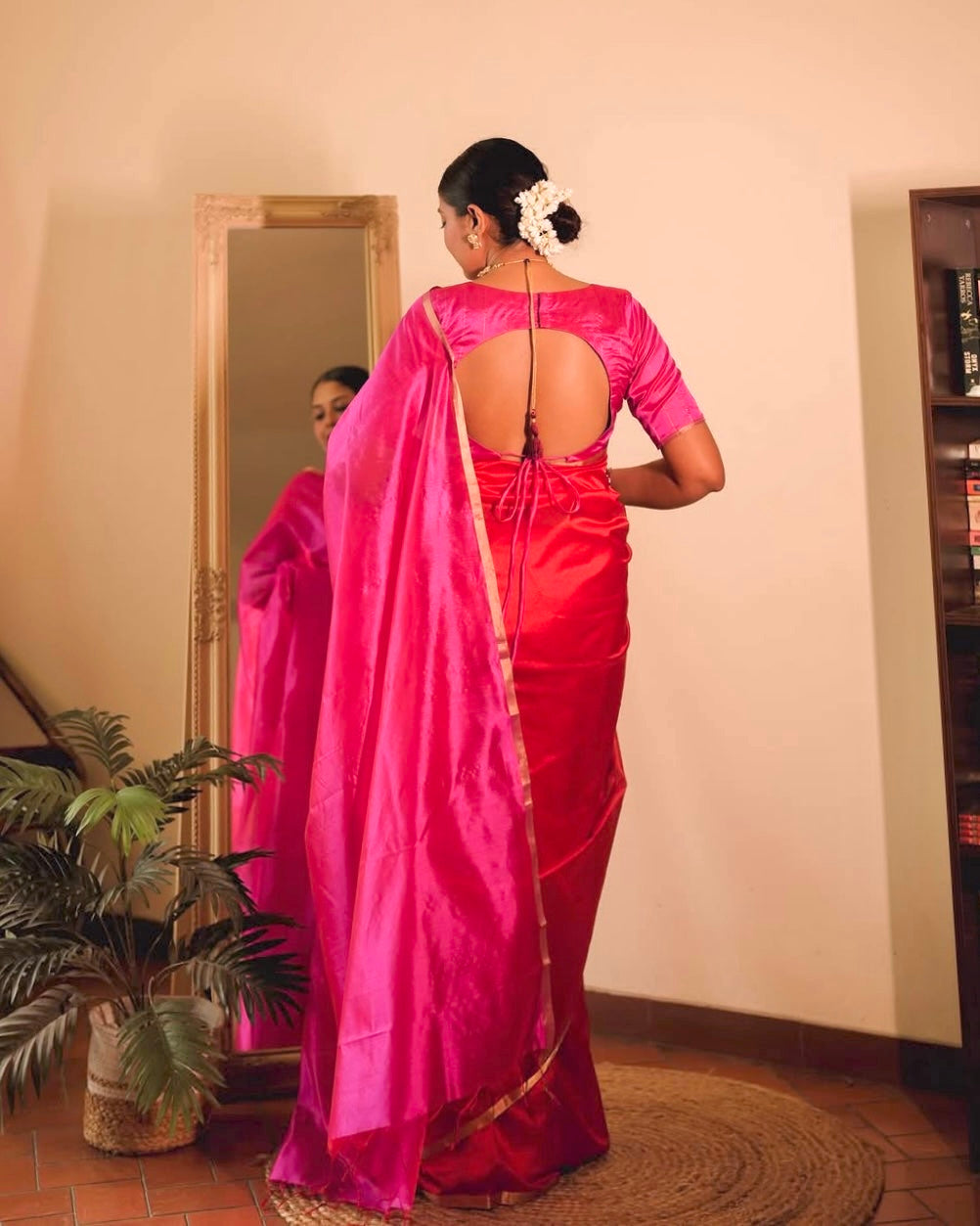 Chili Red and pink Chanderi silk saree with tassels on pallu