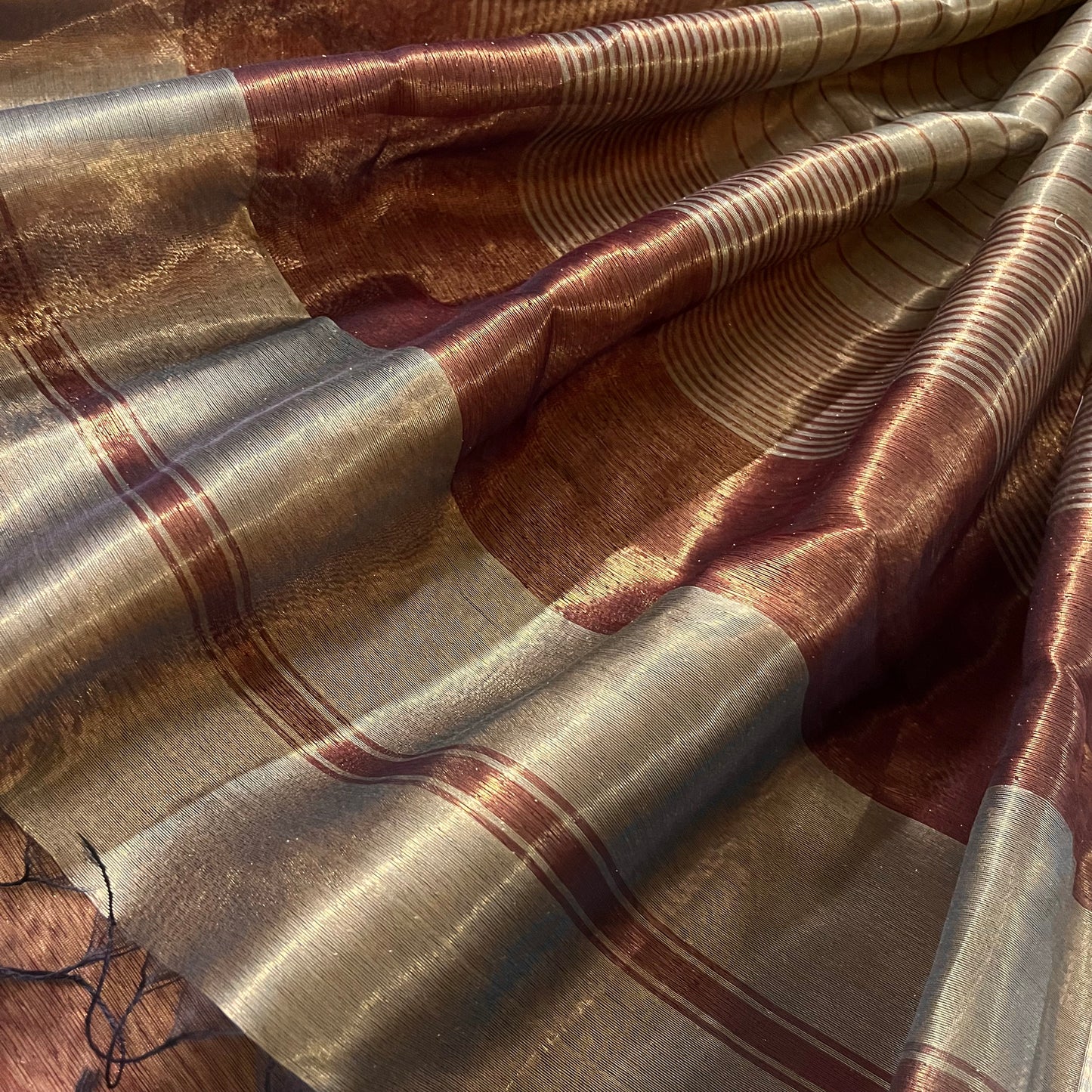 Antique gold and red Maheshwari tissue silk saree with zari pattern on pallu