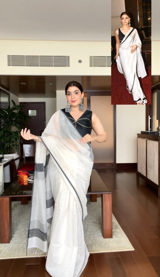 White and Black Maheshwari Saree