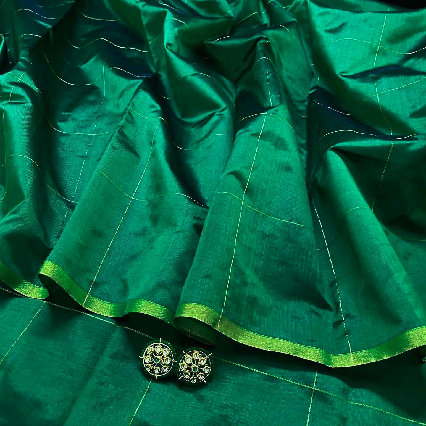 Dark green chanderi silk saree with zari checks all over