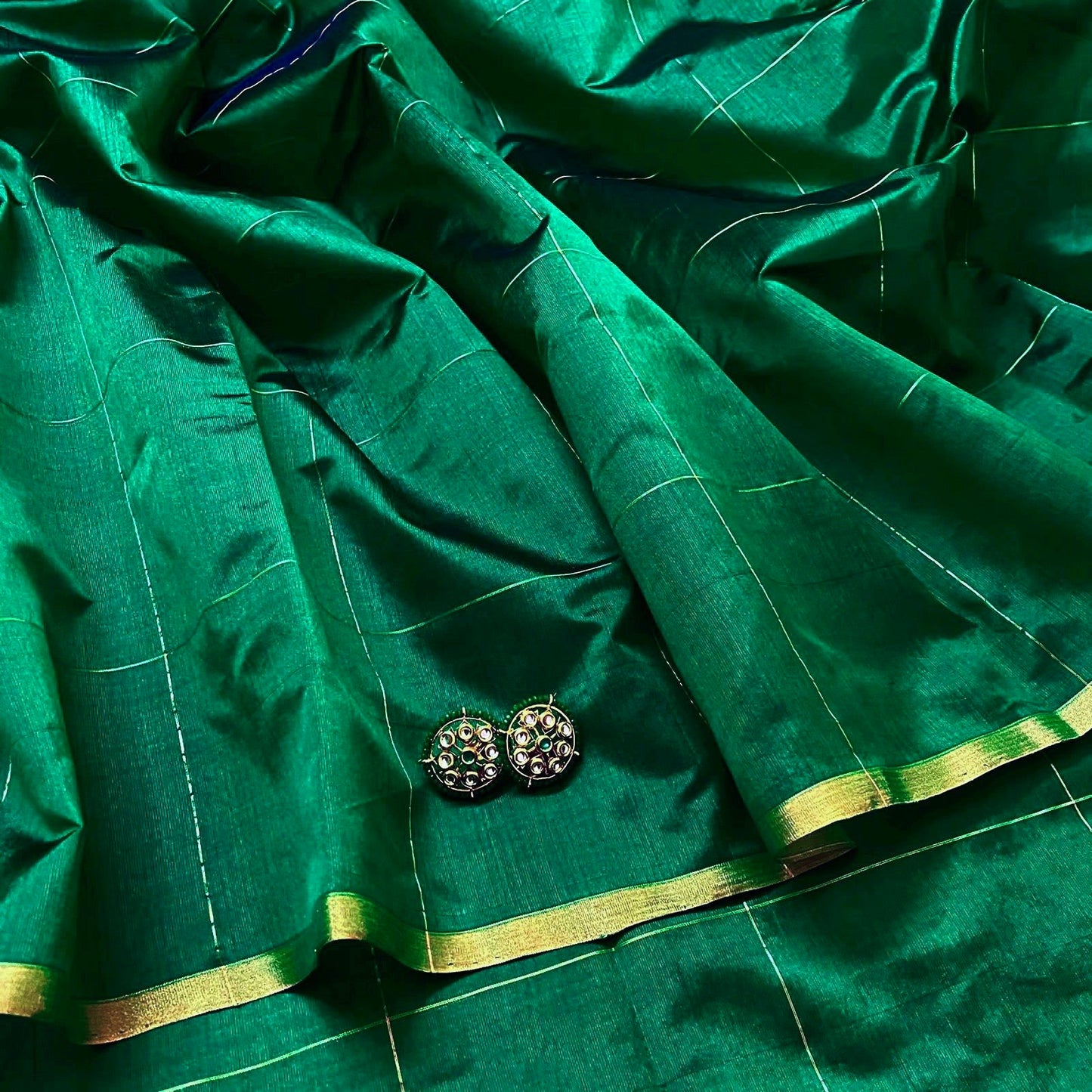 Dark green chanderi silk saree with zari checks all over