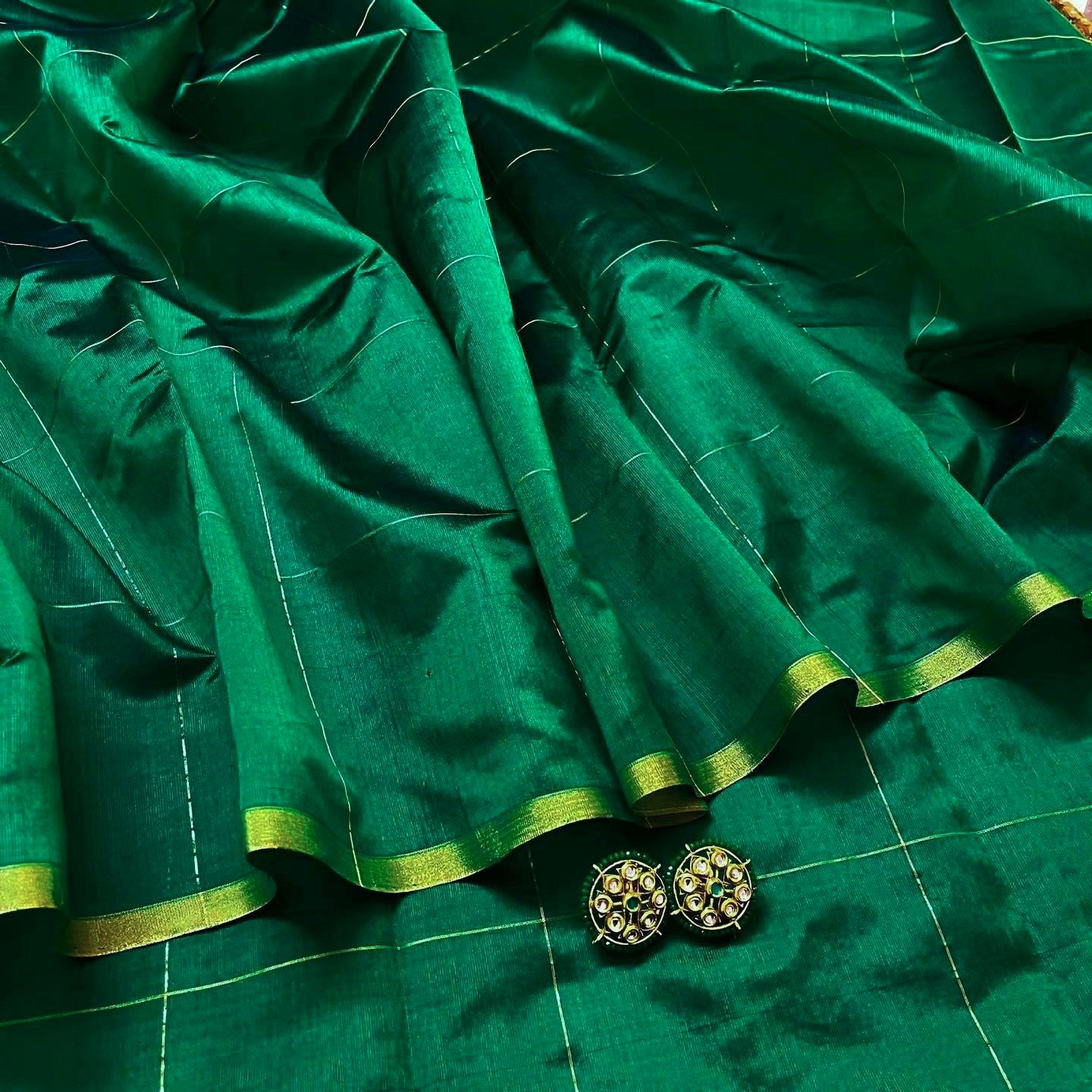 Dark green chanderi silk saree with zari checks all over