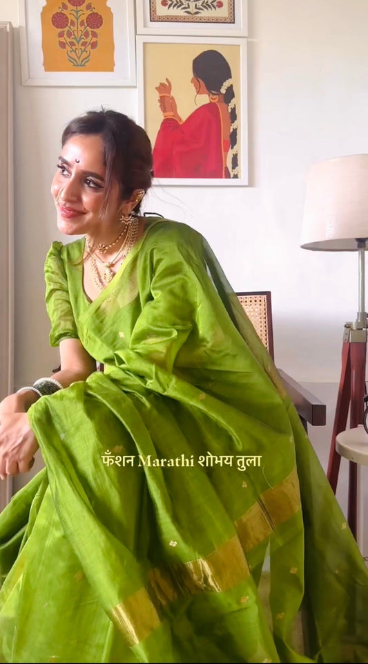 (Shop the look) Olive green maheshwari saree with zari bootis all over