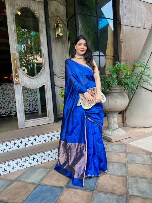 Royal blue chanderi silk saree with zari bootis all over