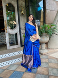 Royal blue chanderi silk saree with zari bootis all over