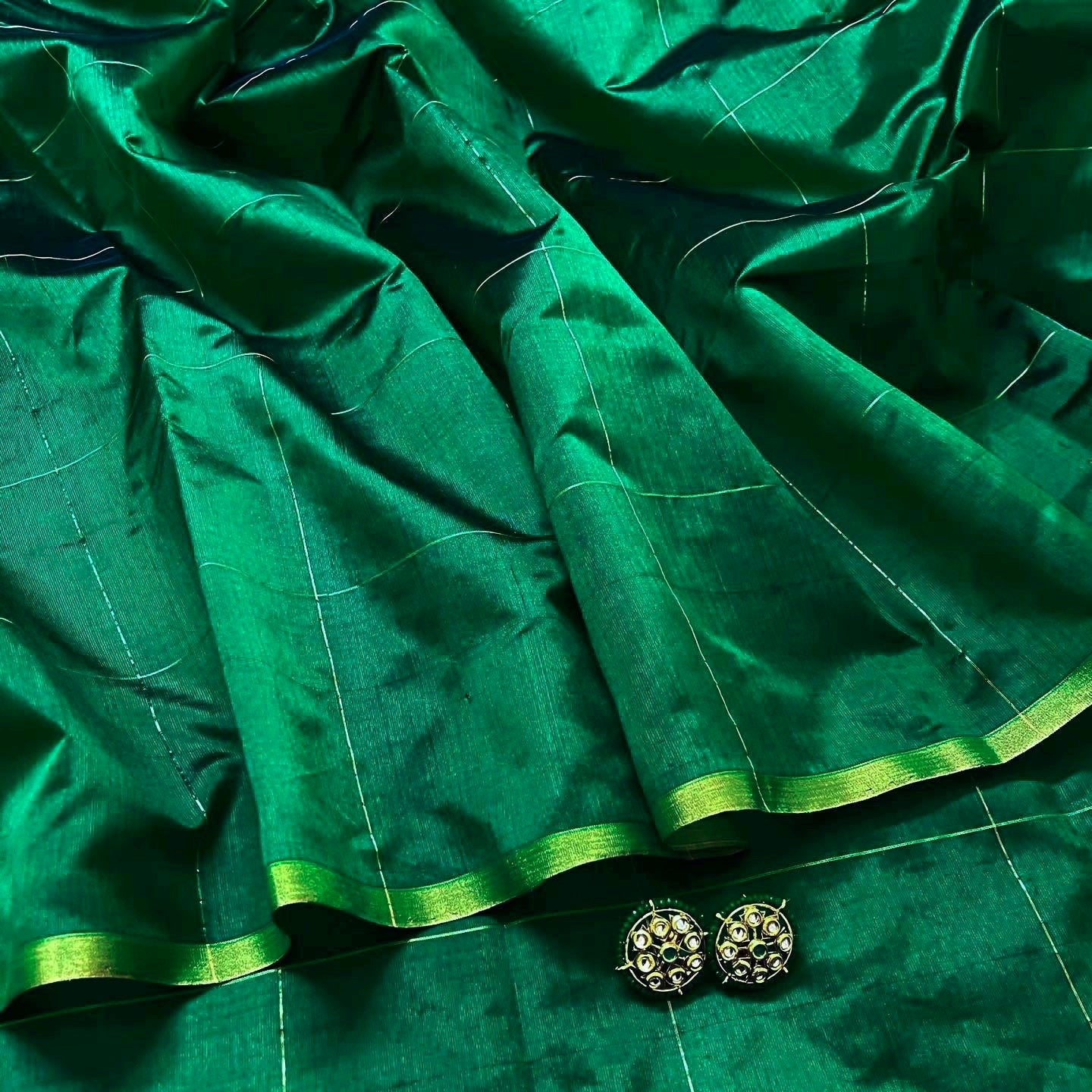 Dark green chanderi silk saree with zari checks all over