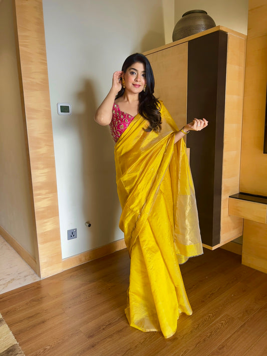 Amber Gold Chanderi Silk Saree with Zari Bootis all over