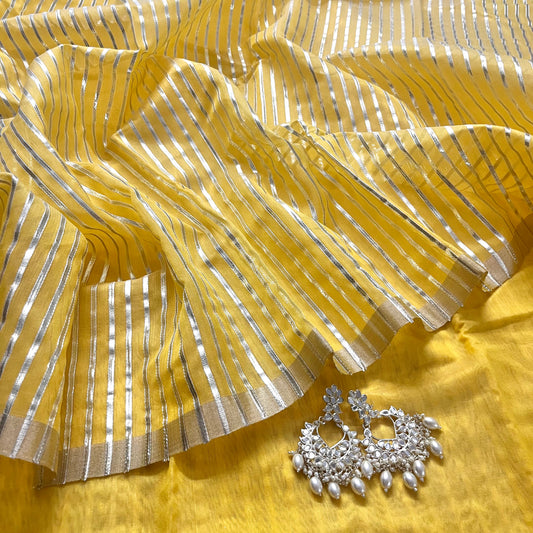 Yellow Chanderi saree with gota work all over