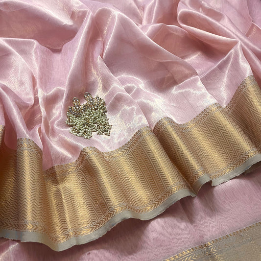 Peachish pink maheshwari tissue silk saree with zari pattern on pallu
