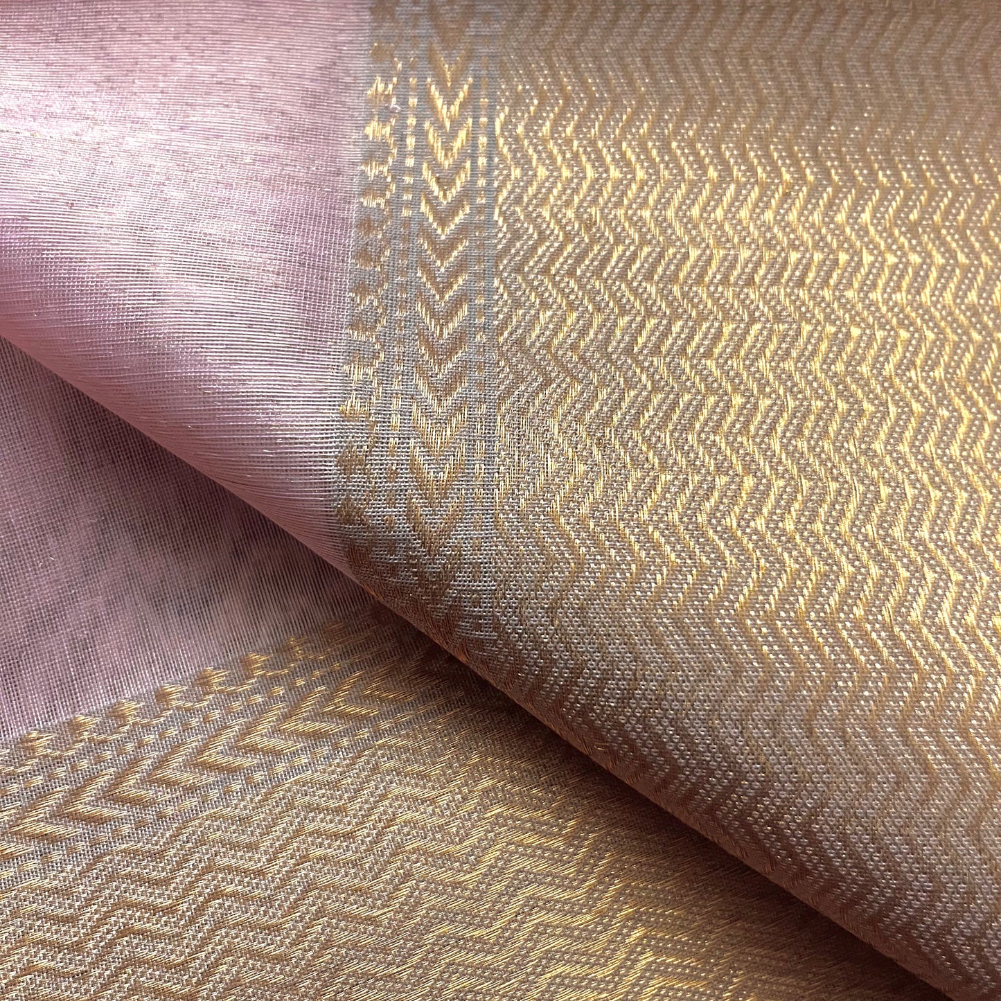 Peachish pink maheshwari tissue silk saree with zari pattern on pallu