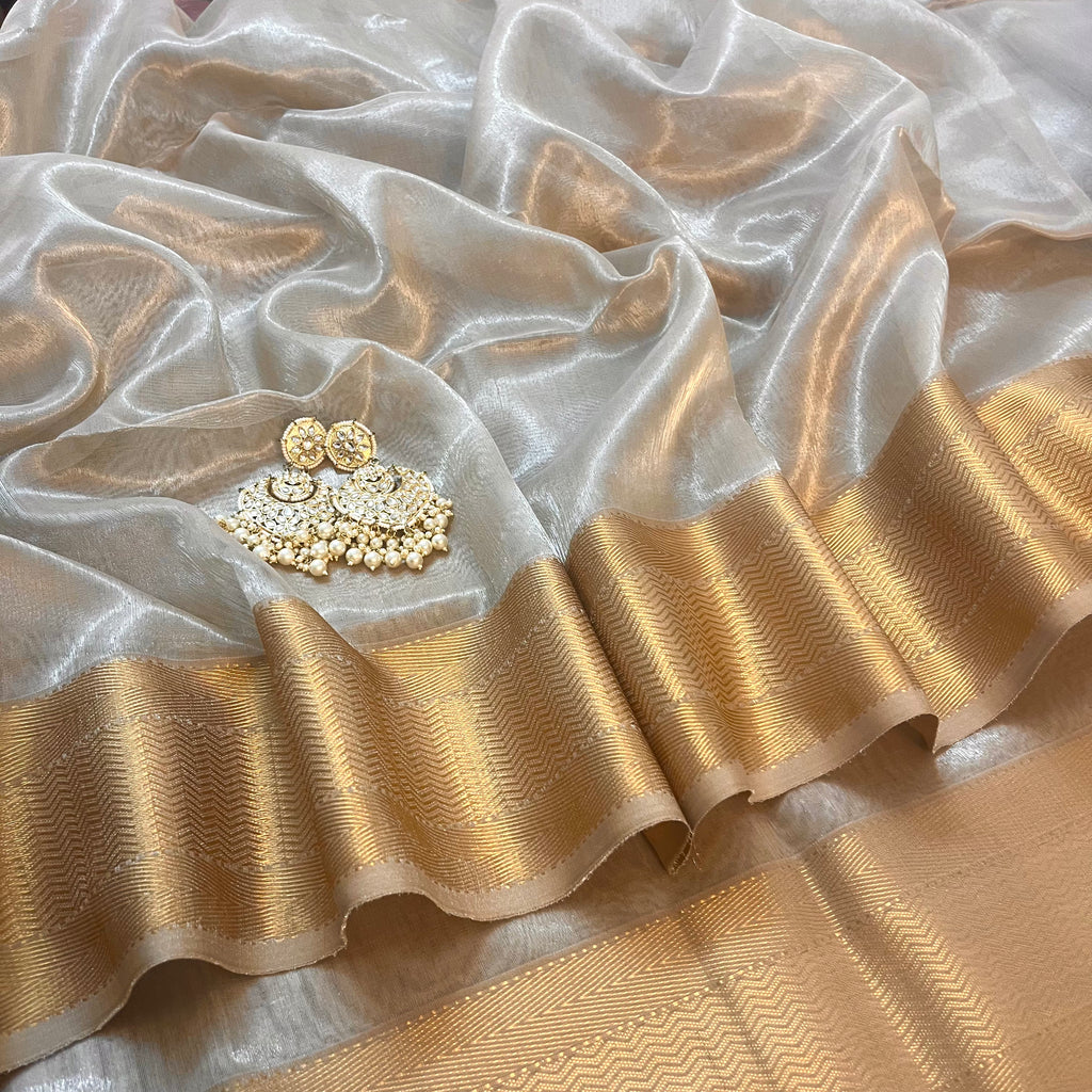 Champagne maheshwari tissue silk saree