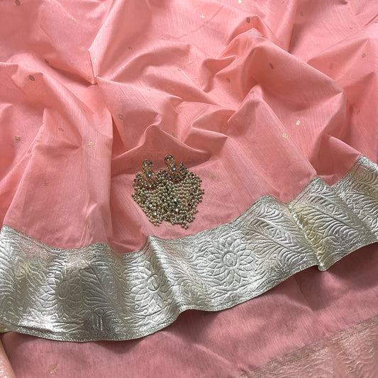 Peachish pink chanderi saree with zari bootis all over