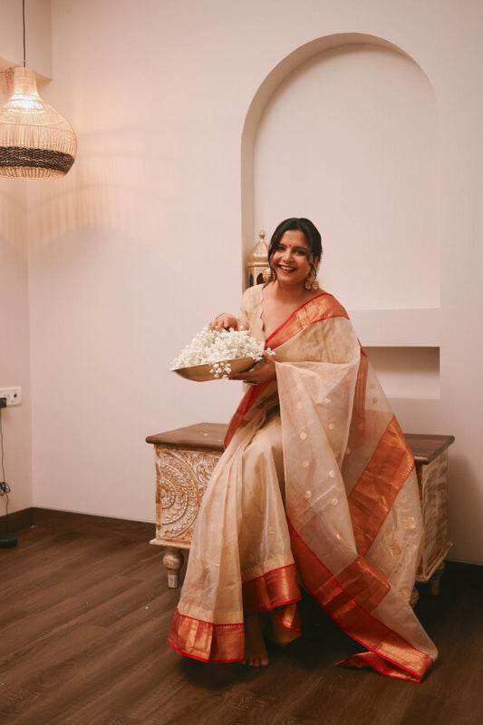 (Shop the look) Gold Beige & Red Chanderi Silk Saree with Zari bootis all over