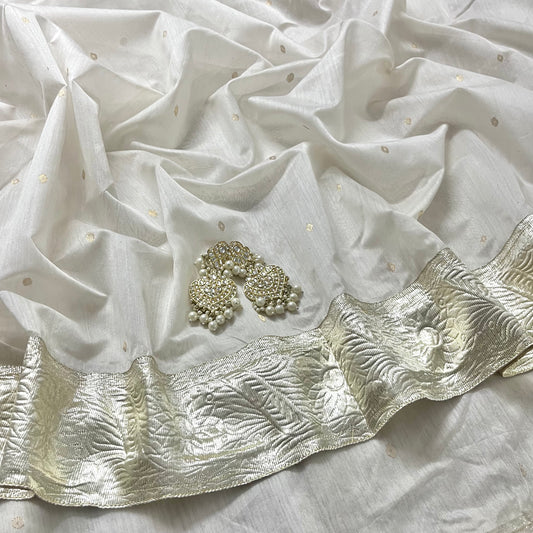 Off white Chanderi saree with zari bootis all over