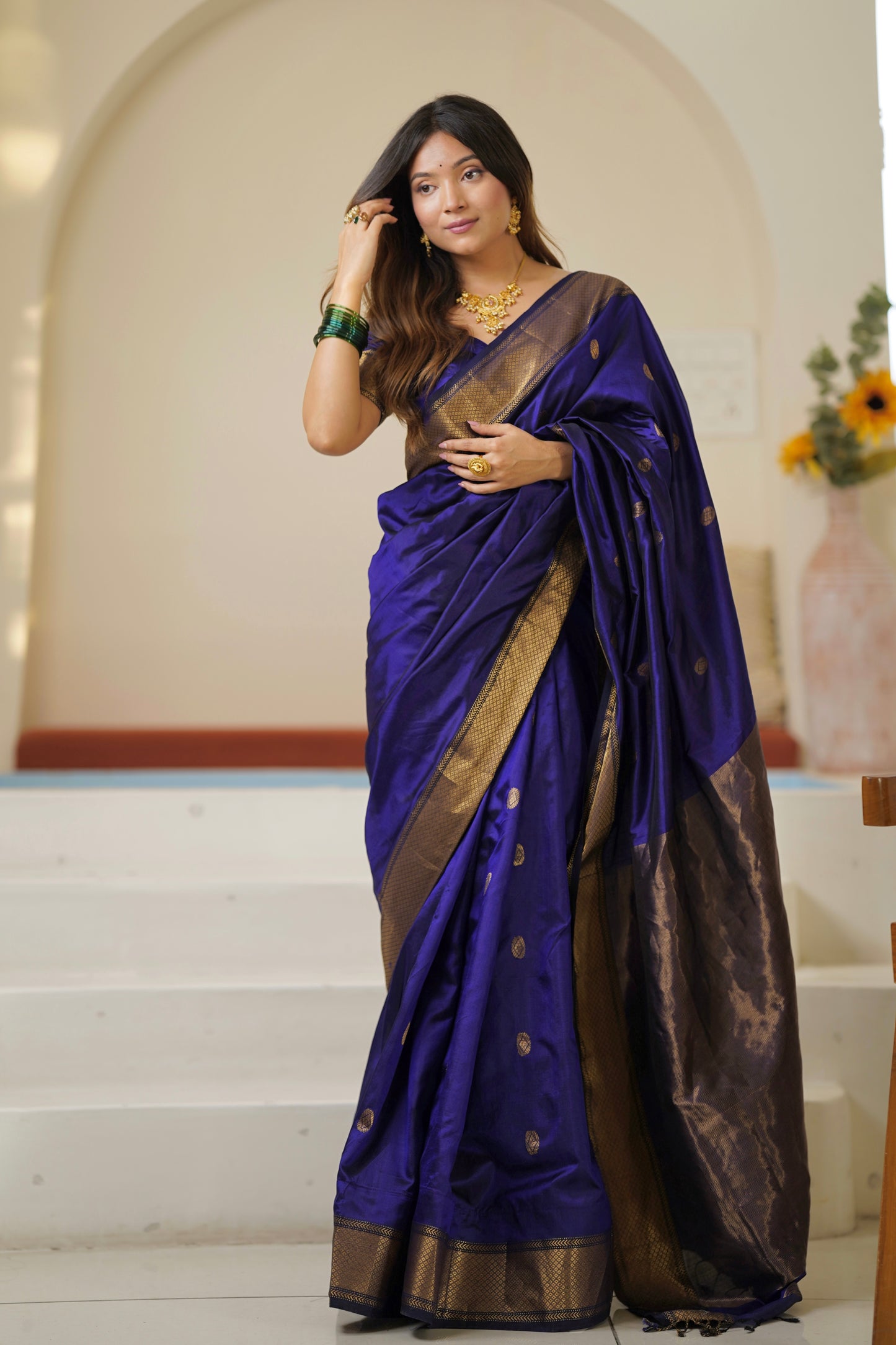 Dark blue maheshwari silk saree with zari bootis all over
