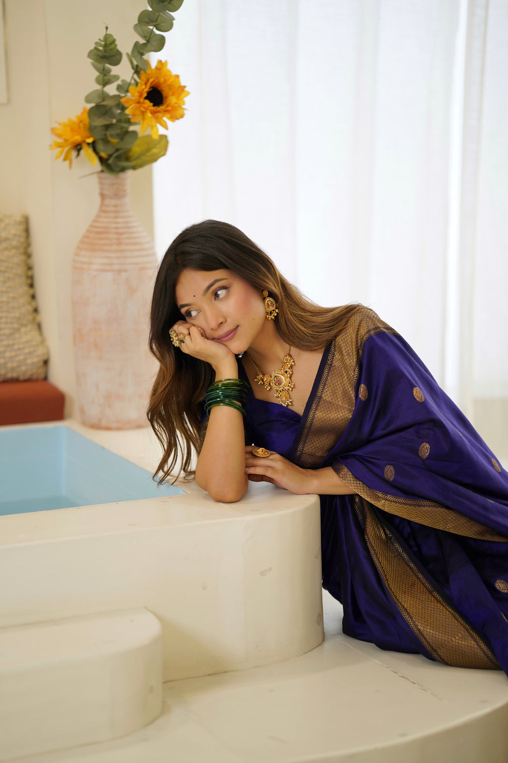 Dark blue maheshwari silk saree with zari bootis all over