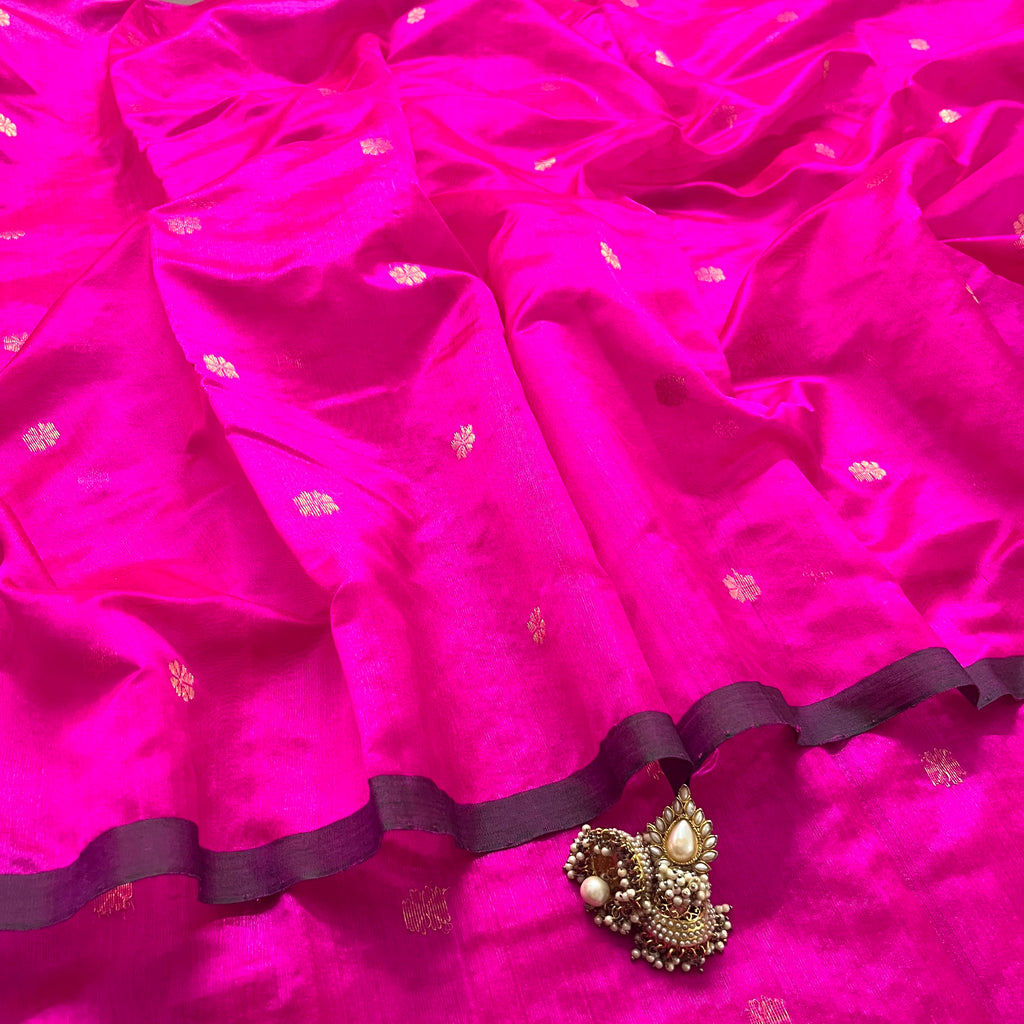 Magenta pink chanderi silk saree with flower bootis all over