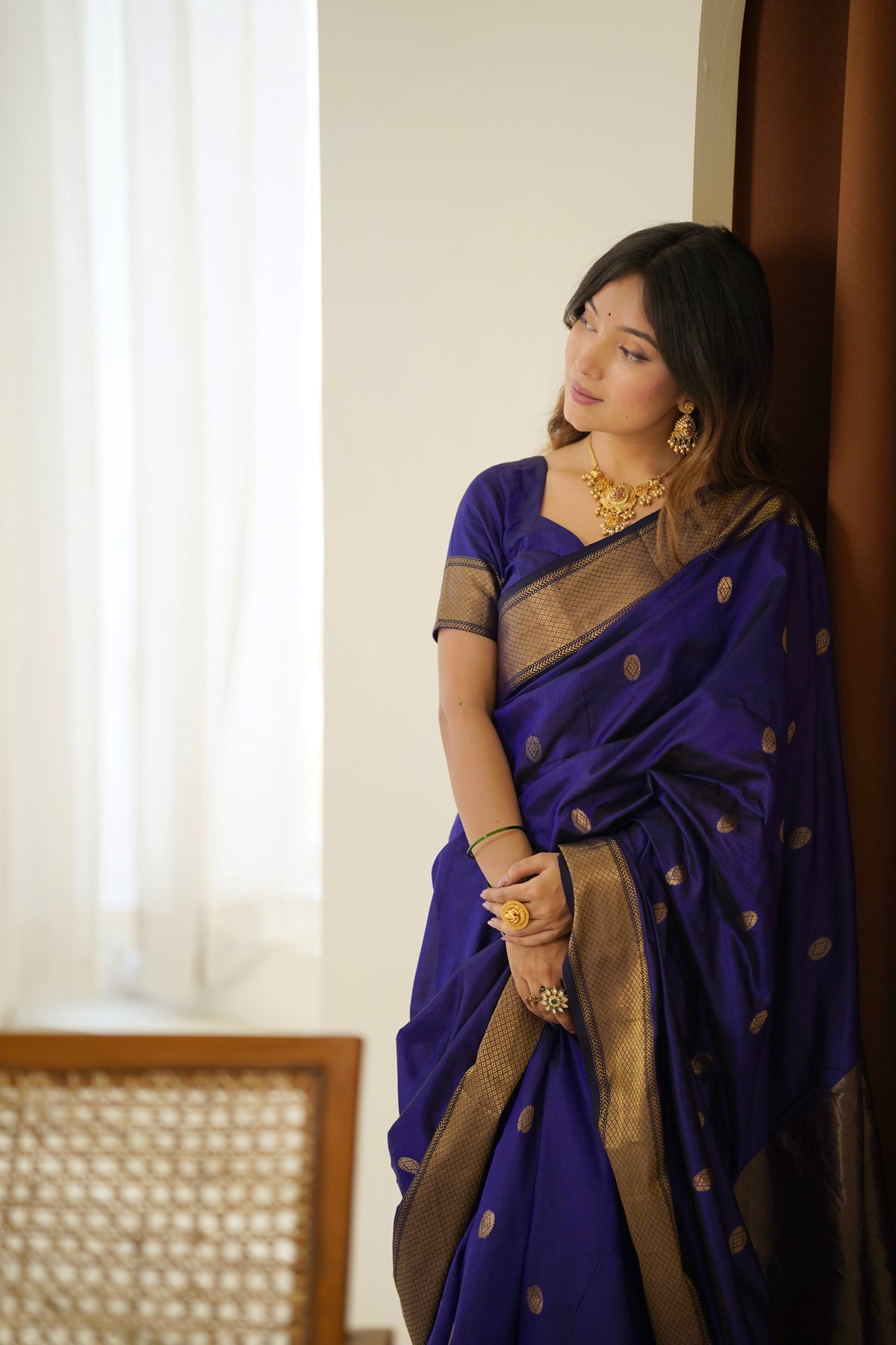 Dark blue maheshwari silk saree with zari bootis all over