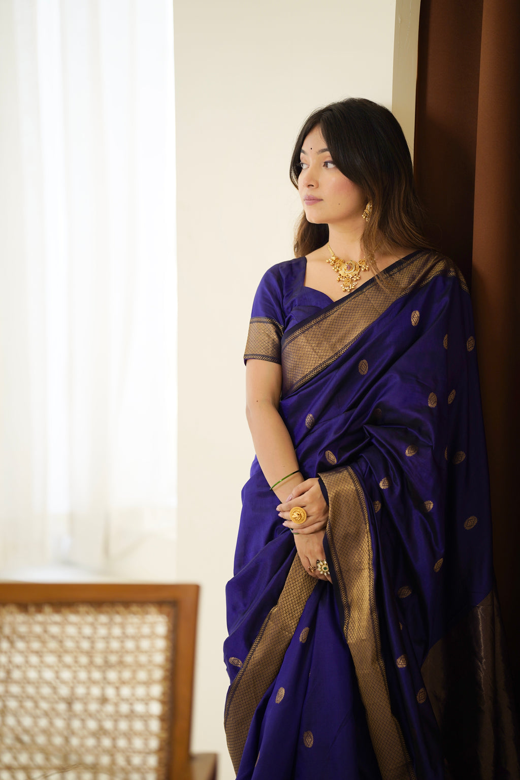 Dark blue maheshwari silk saree with zari bootis all over