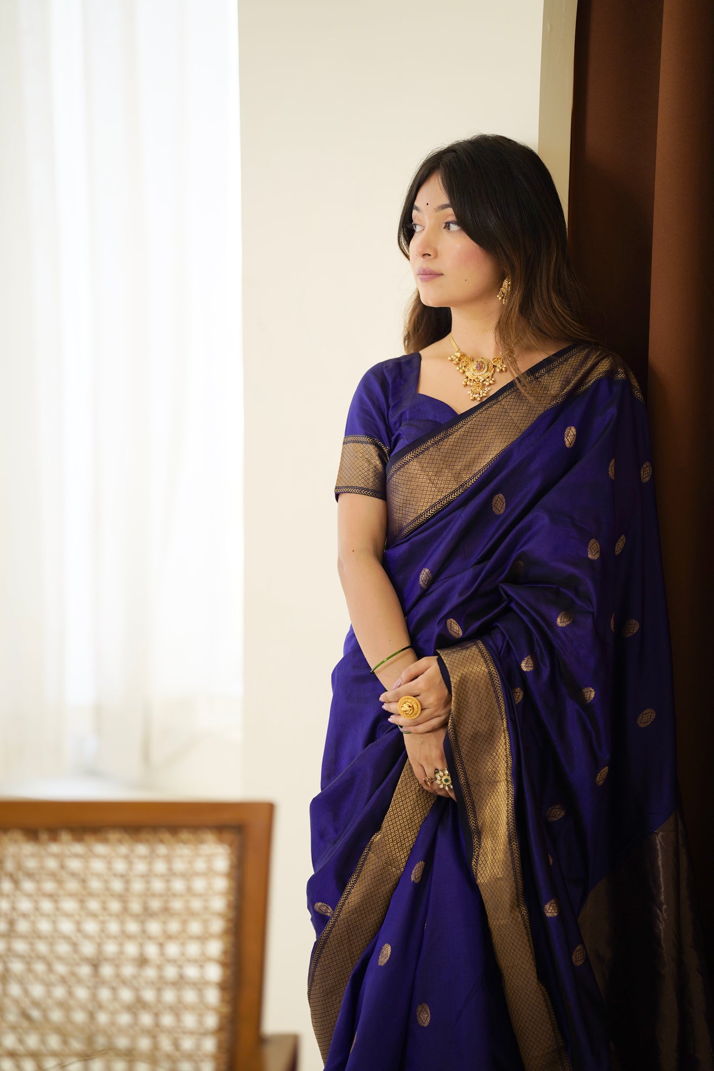 Dark blue maheshwari silk saree with zari bootis all over