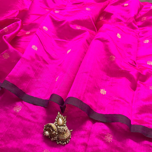 Magenta pink chanderi silk saree with flower bootis all over