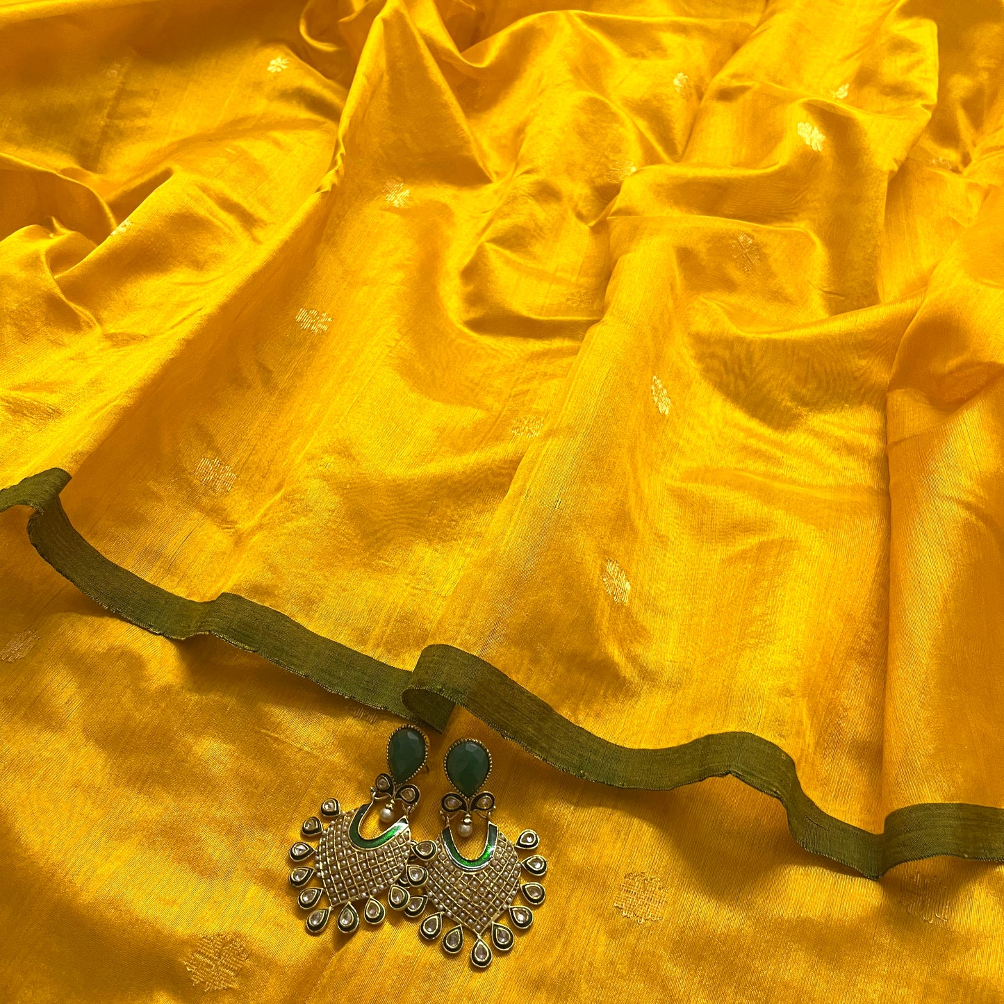 Yellow and green chanderi silk saree with flower bootis all over