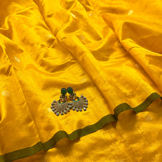 Yellow and green chanderi silk saree with flower bootis all over