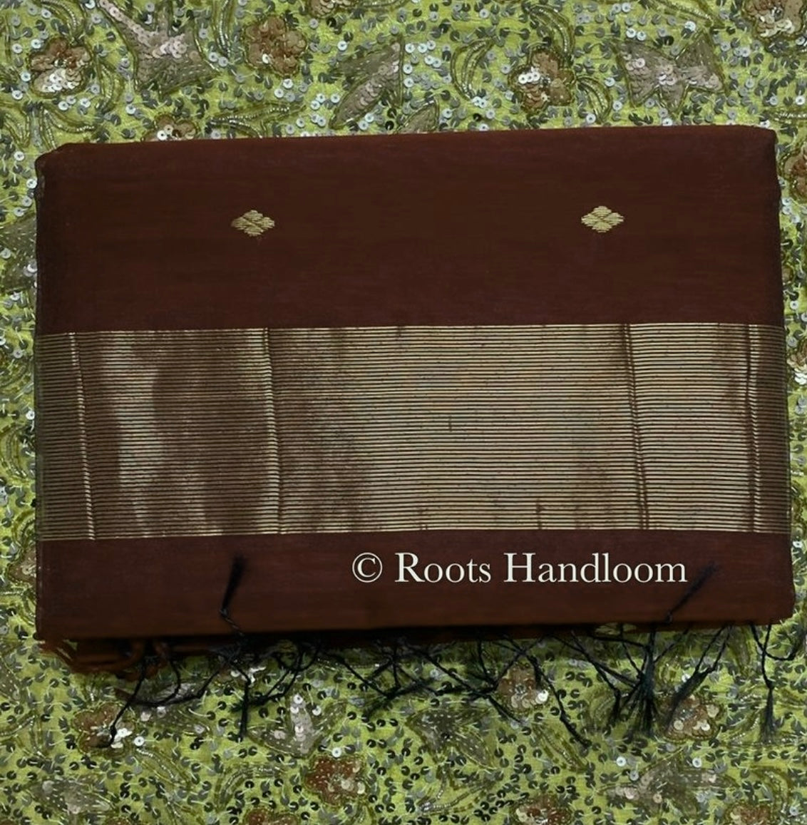 Coffee brown maheshwari saree with zari bootis all over