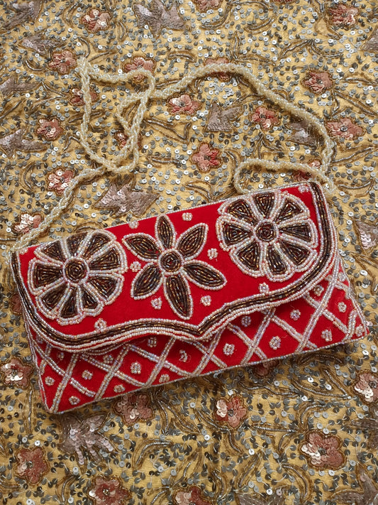 Red embellished velvet purse