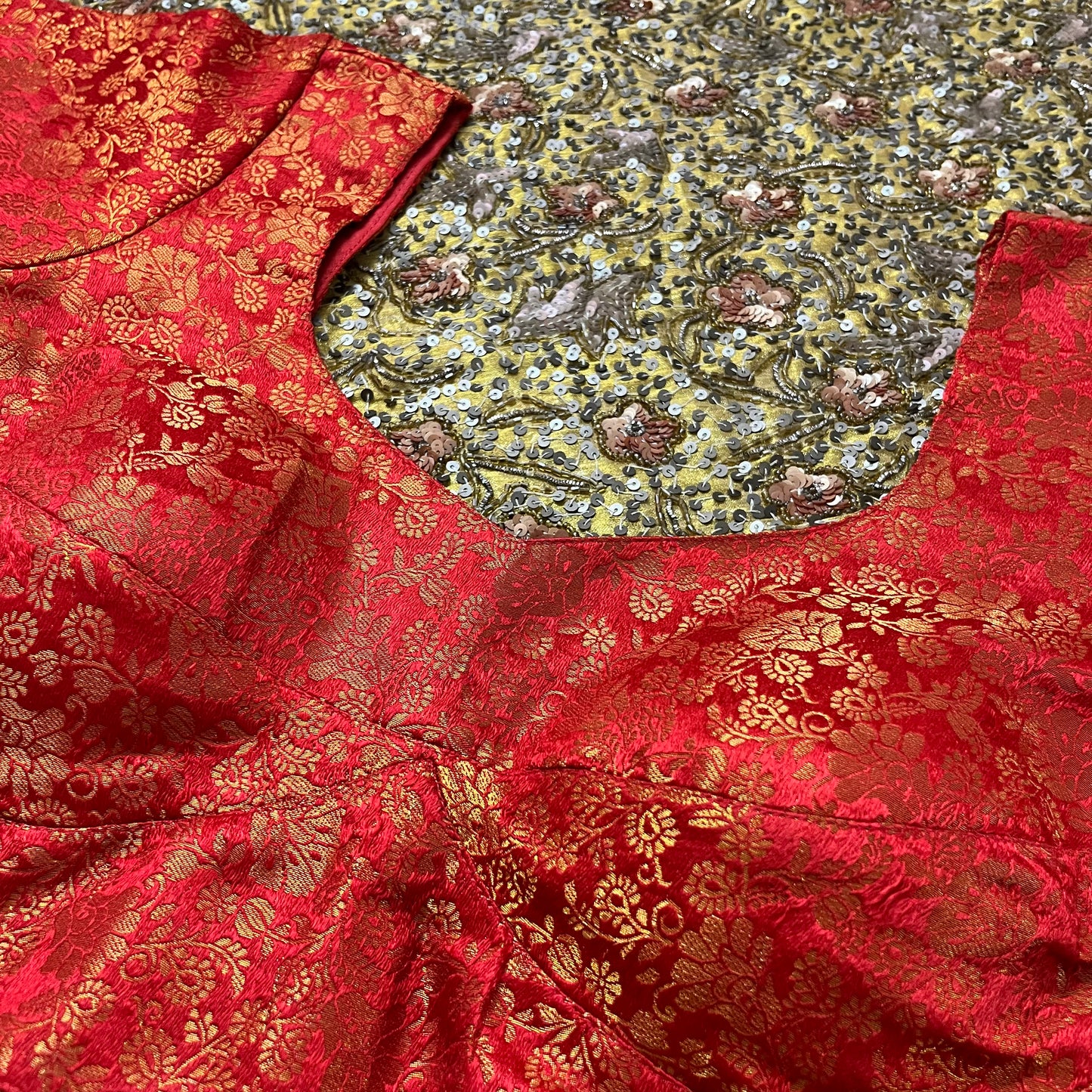 Red stitched padded brocade silk blouse