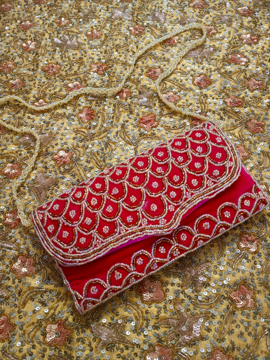 Red embellished velvet purse