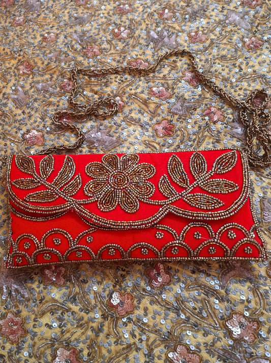 Red embellished velvet purse