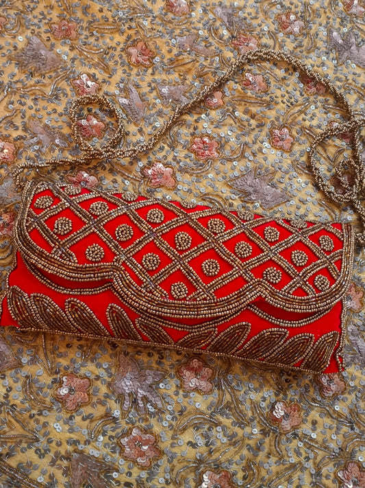 Red embellished velvet purse