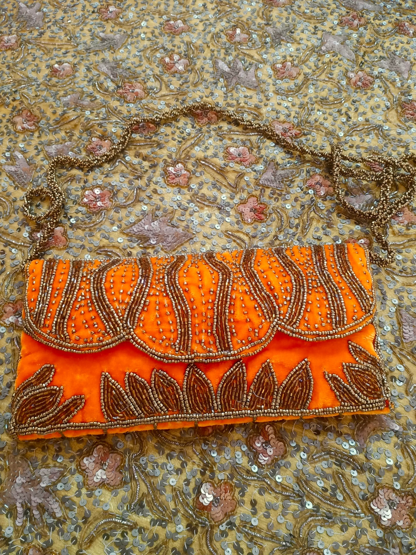 Orange embellished velvet purse