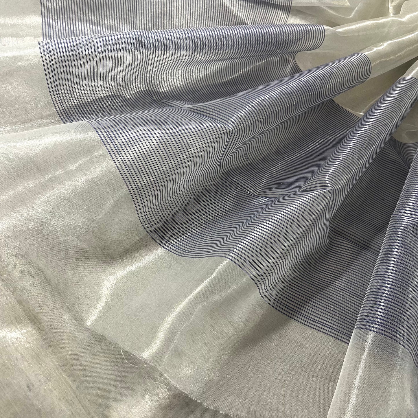 Silver white and dark blue chanderi tissue silk saree