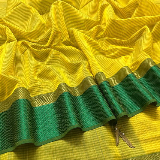 Yellow and green maheshwari with resham border