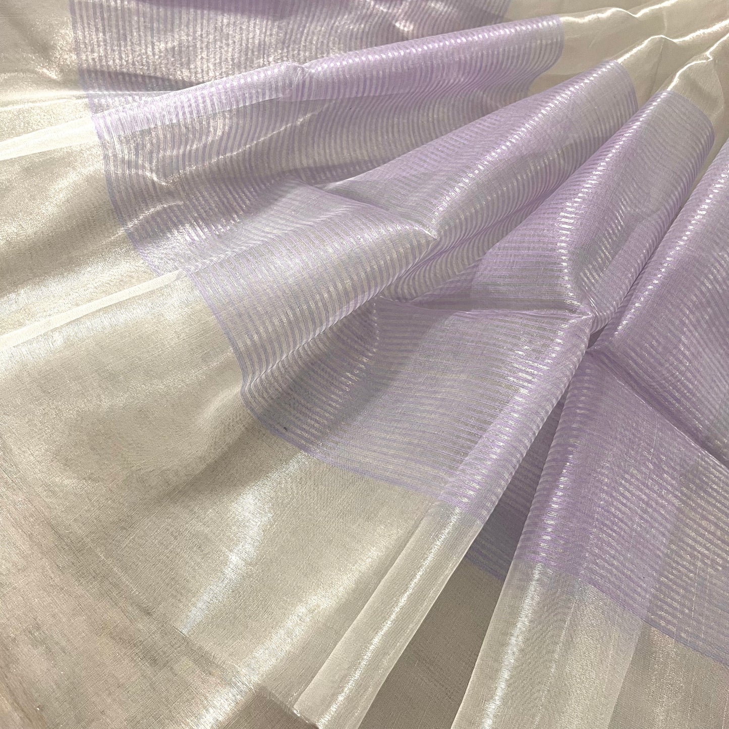 Silver white and lilac chanderi tissue silk saree