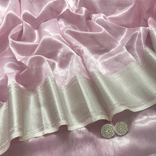 Light pink maheshwari tissue silk saree with zari pattern on pallu