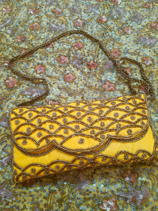 Yellow embellished velvet purse