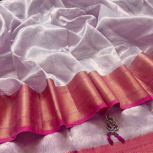 Mauve and pink maheshwari tissue silk saree with zari pattern on pallu